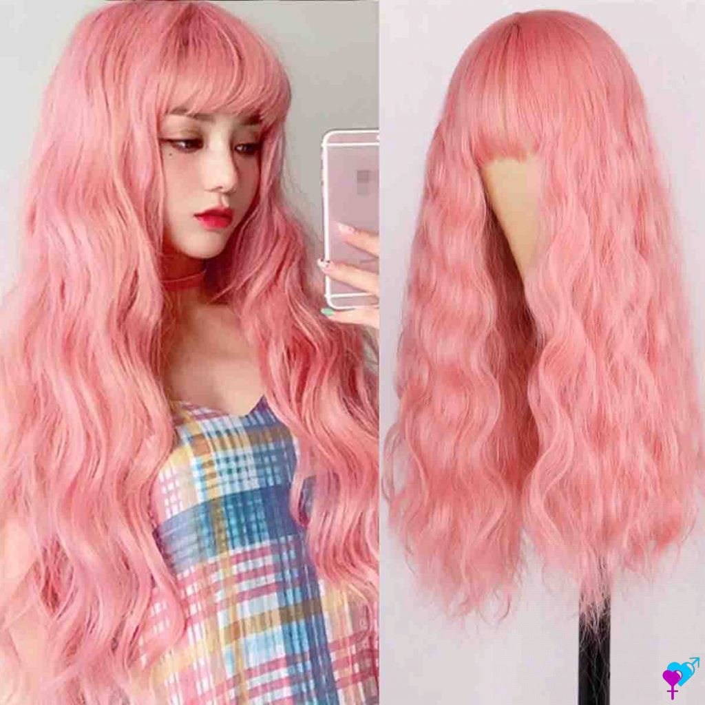 Perruque Synthétique Rose à Frange - Cheveux Longs Ondulés - Taille Moyenne - + 4 Bonnets Offerts