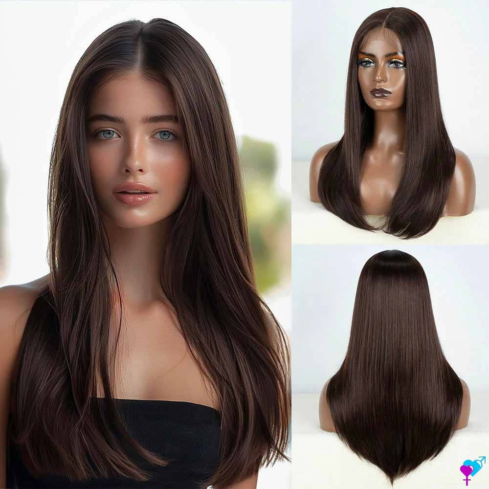 Peluca lisa castaña para personas transgénero — Elegancia natural y confianza absoluta — Pelucas largas para travestis y personas transgénero — Trans-Boutique